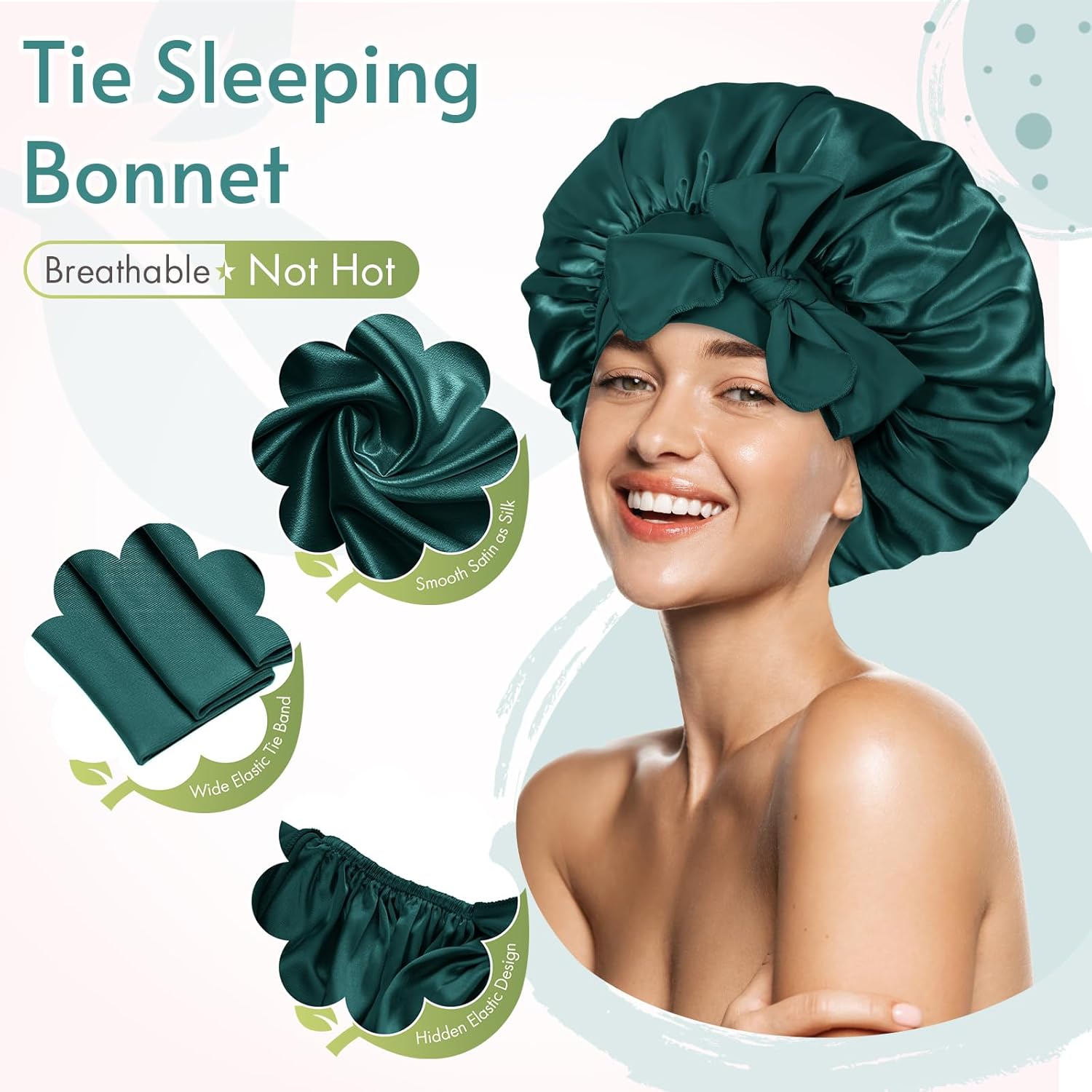BONNET QUEEN - bonnet satin nuit ajustable, boucles, vert foncé, taille M