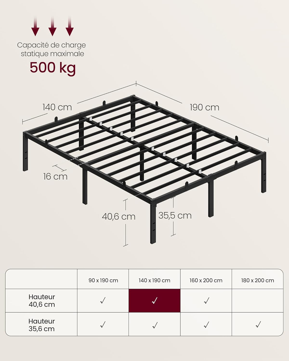 VASAGLE - Cadre de lit moderne - 140x190 cm - métal, rangement, RMB153BD01