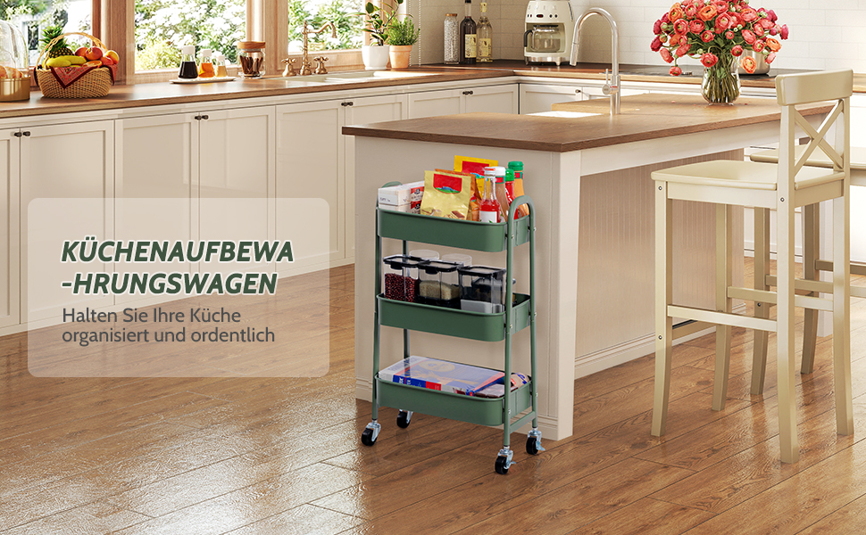 Chariot roulant vert à trois niveaux dans un décor de cuisine. Les étagères en treillis métallique peuvent contenir divers produits alimentaires. Le texte de l'image le décrit comme un chariot d'organisation de cuisine en allemand.