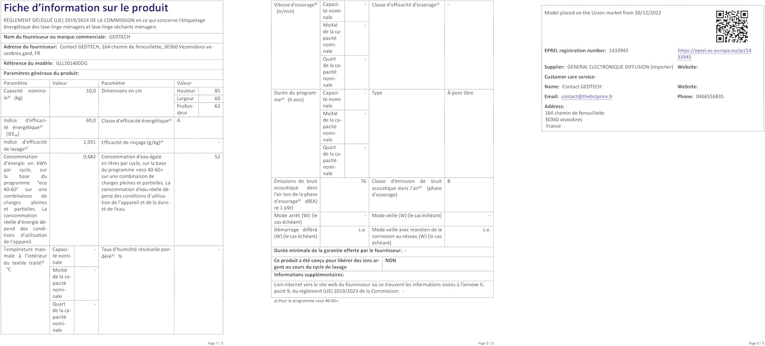GEDTECH - lave-linge frontal série 10kg, 1400tr/mn, 16 programmes, Eco, A-10% GLL101400DG