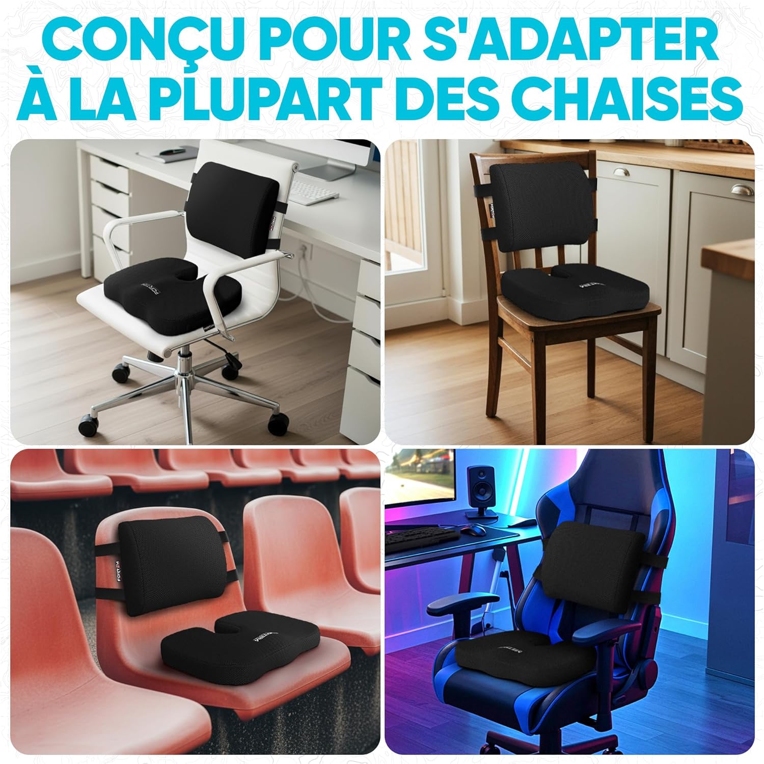 FORTEM - coussin lombaire et assise - mousse mémoire - soutien dos, antidérapant, confort chaise