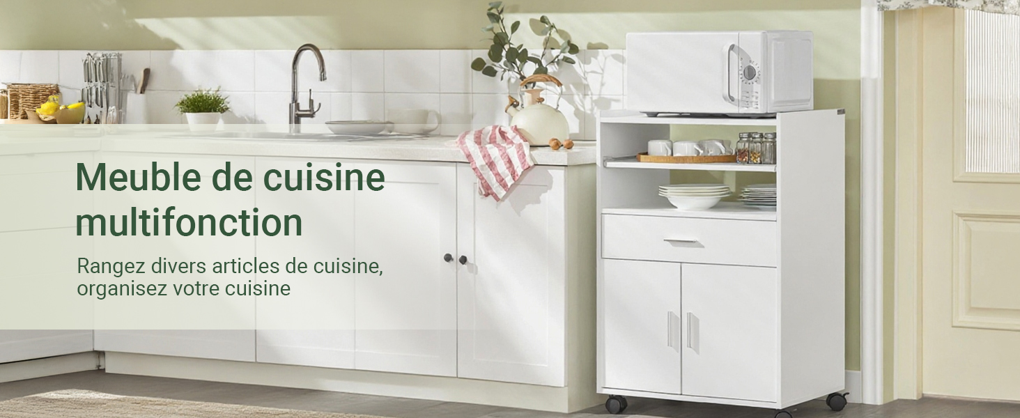 Le texte indique « Meuble de cuisine multifonction ». Intérieur de cuisine blanc moderne présentant des solutions de rangement avec armoires au design épuré et minimaliste.