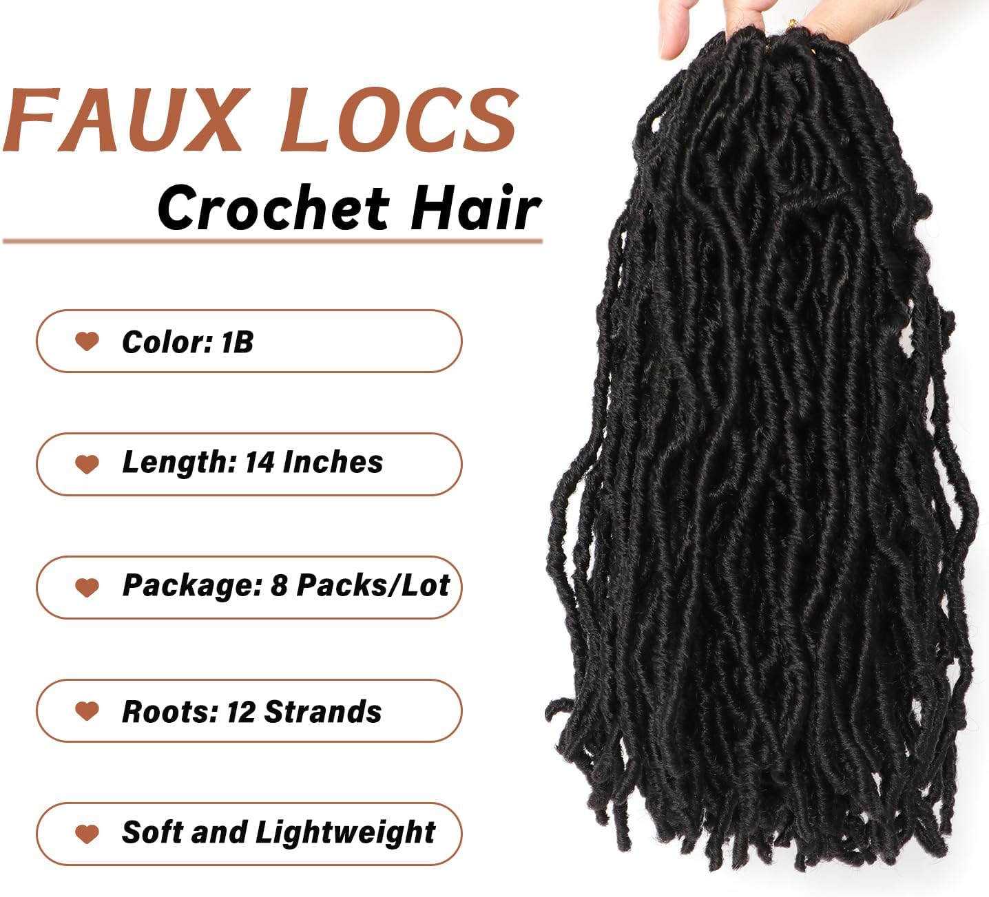 Faux Locks Crochet braids - 35,6 cm - 8 mèches souples, bouclées, naturelles