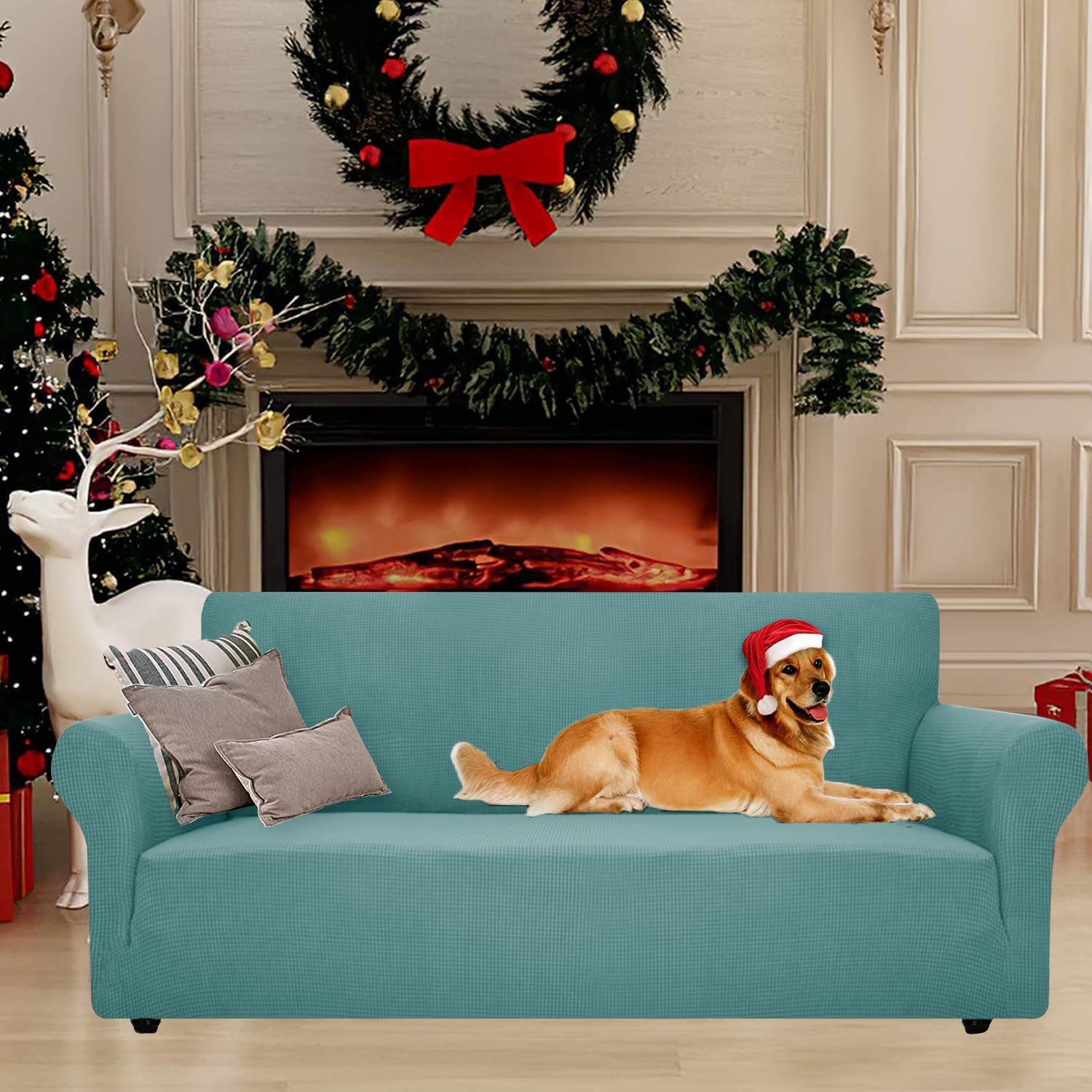 Housse Canapé - extensible 4 places, bleu clair, lavable, antidérapant