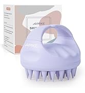 Le texte se lit comme suit : « AIMIKE ». Appareil de massage du cuir chevelu en silicone de couleur lilas présenté sous plusieurs angles, doté de poils doux en forme de nuage.
