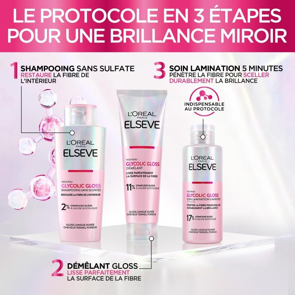L'Oréal Paris - Elseve Glycolic Gloss - Routine cheveux ternes - sans sulfates - pack 3 soins