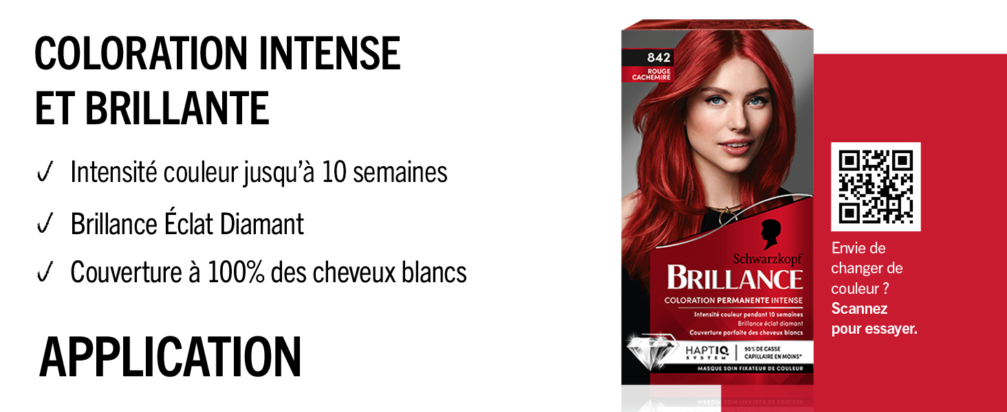 Le texte indique « Image 3 », « COLORATION INTENSE ET BRILLANTE », « APPLICATION ». Images de produits de coloration capillaire avec résultats en rouge et photos du processus d'application.