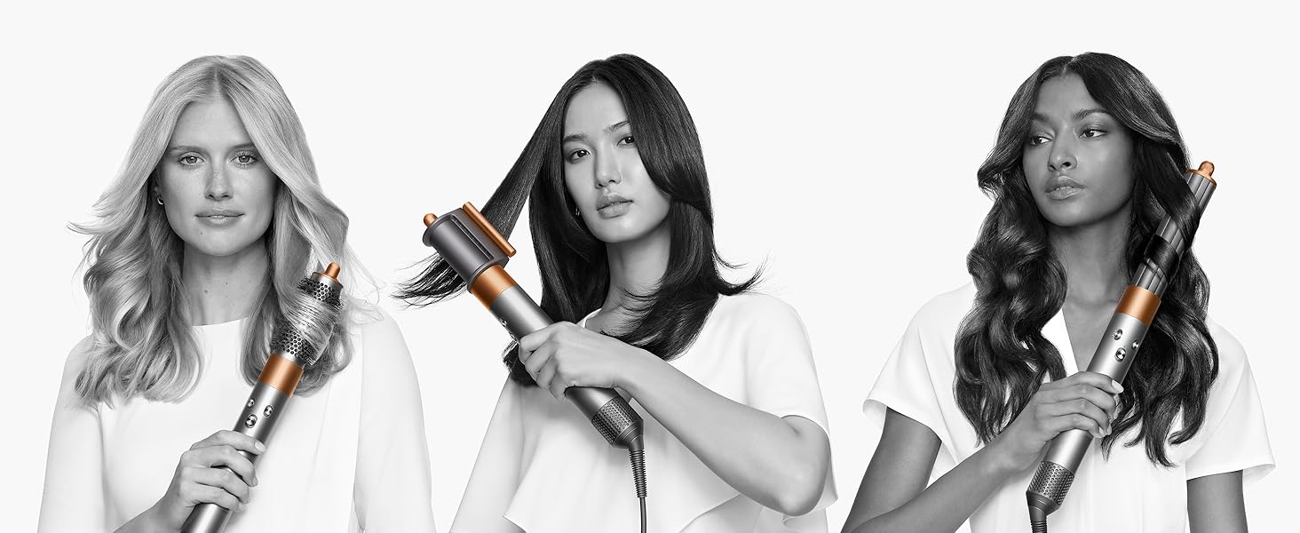 2 mannequins avec des types de cheveux différents se coiffent avec le Dyson Airwrap.