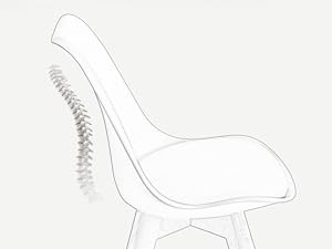 Dessin au trait simple ou croquis d'une chaise moderne en blanc, montrant une assise et un dossier incurvés avec un support ergonomique pour la colonne vertébrale