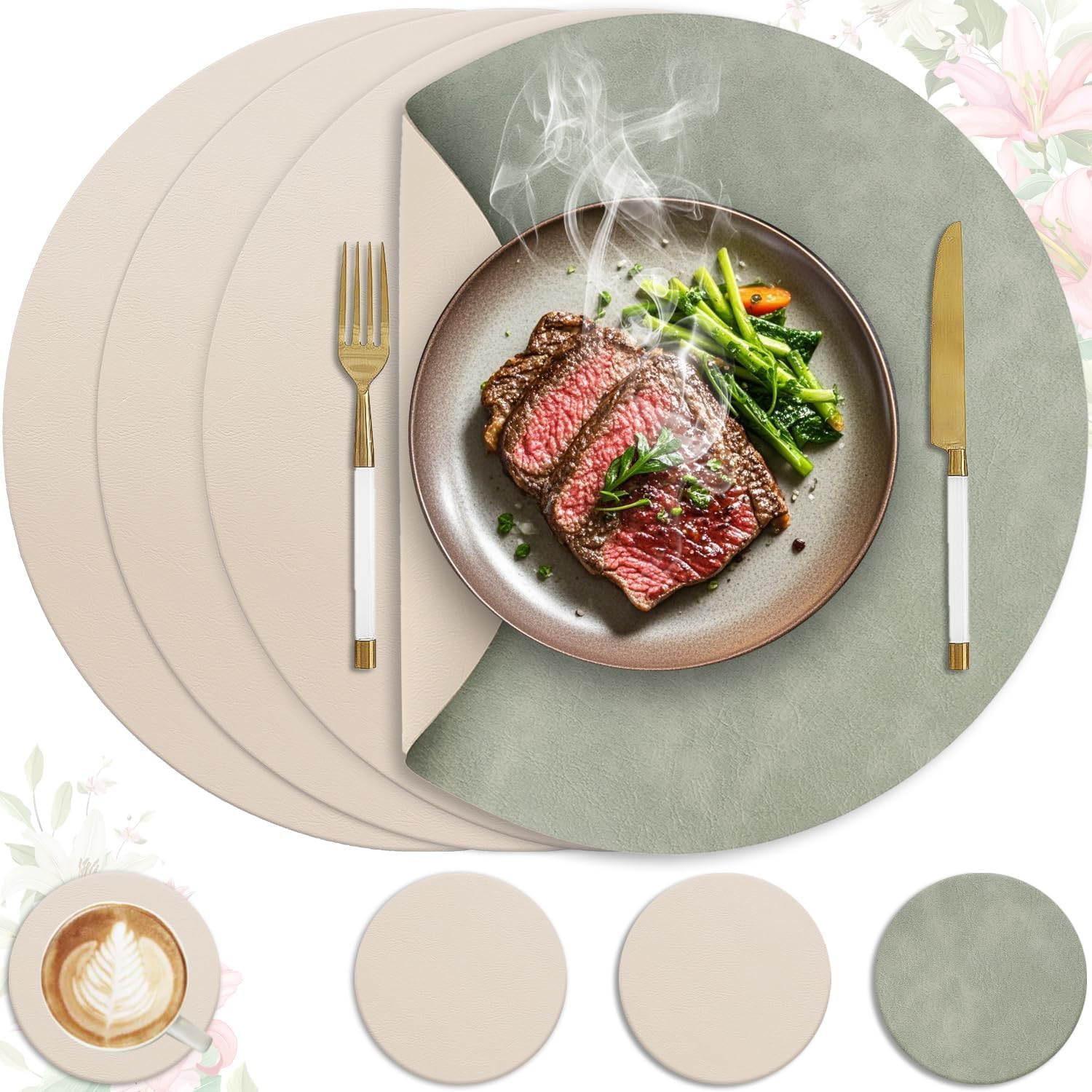 Set de table - rond double face cuir PU - 36x36cm - lavable et antidérapant