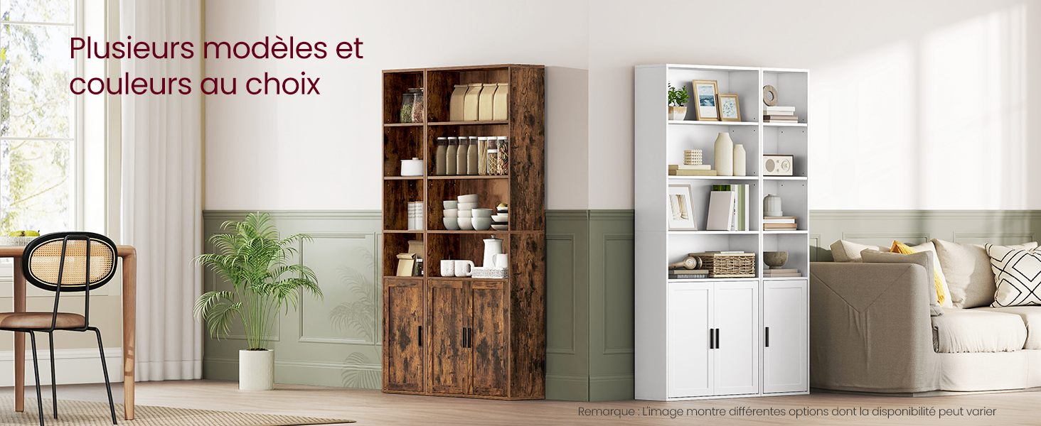 Collage d'arrangements de meubles modernes montrant diverses armoires de rangement et étagères blanches dans différents décors de pièces avec des accessoires décoratifs