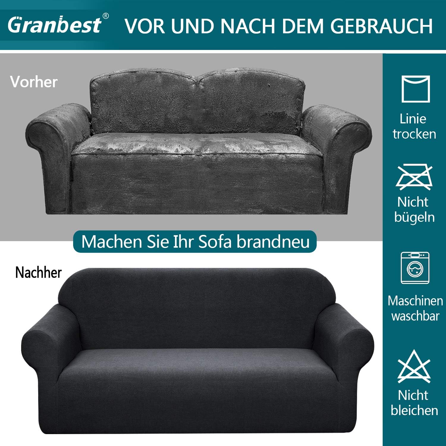 Granbest - Housse canapé stretch 4 places - imperméable, antidérapante, spandex, noir