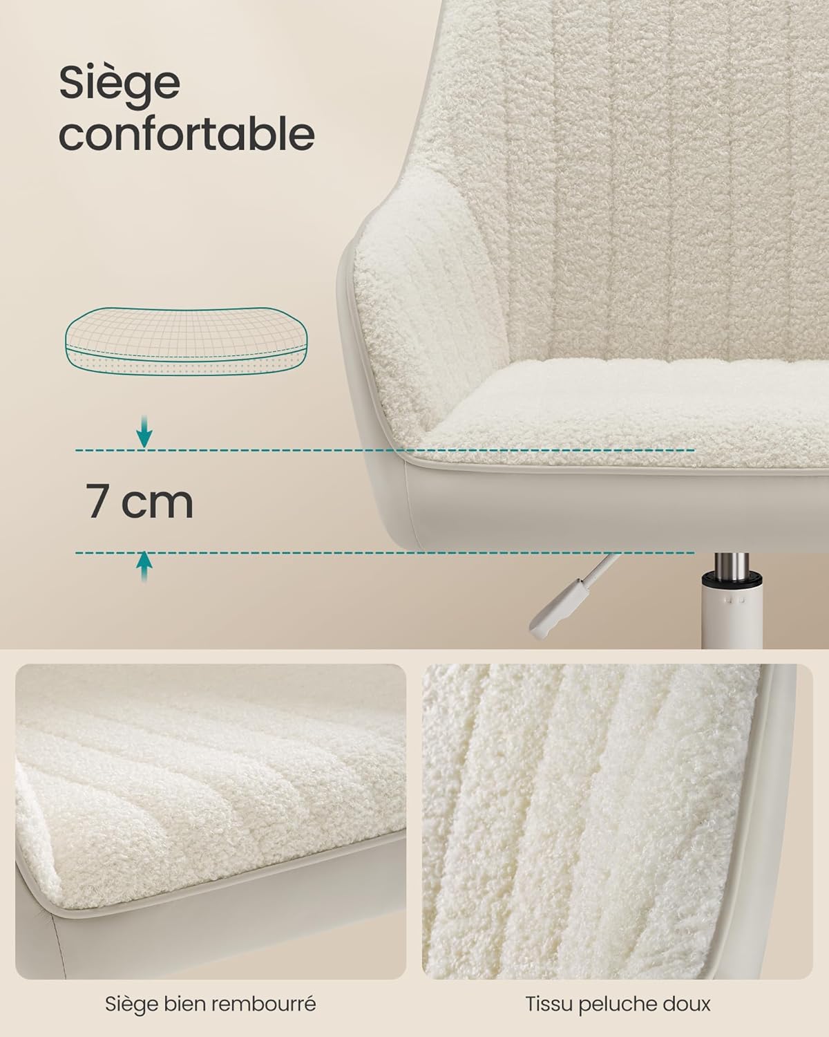 SONGMICS - fauteuil pivotant tissu peluche, hauteur réglable, beige cappuccino, OBG012W01