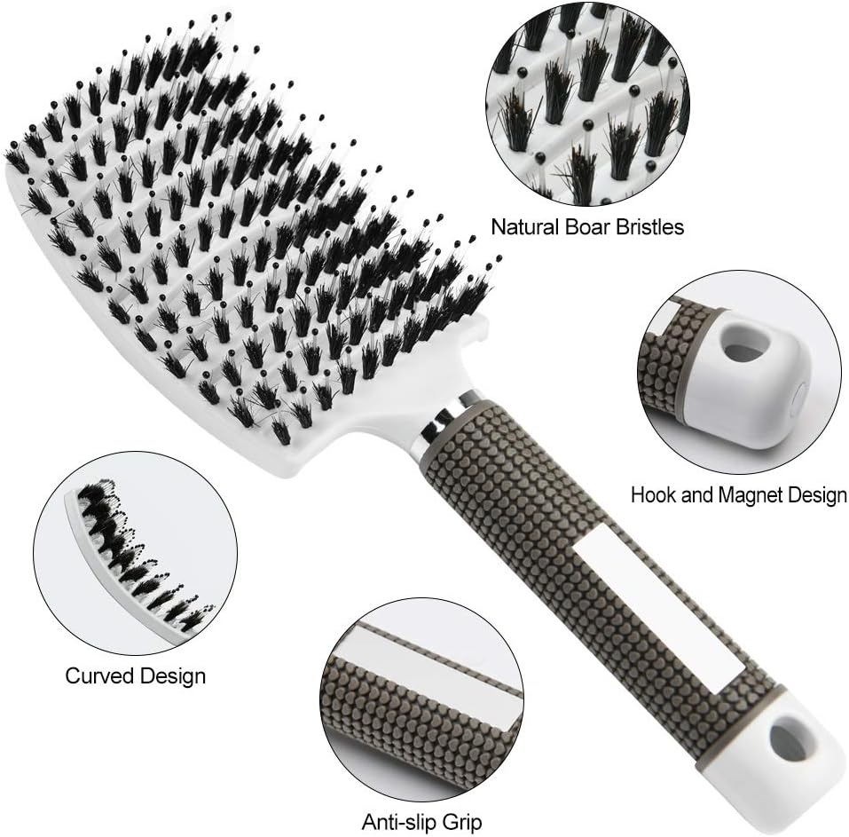 URAQT - Brosse à cheveux incurvée - démêlante, poils sanglier, blanche