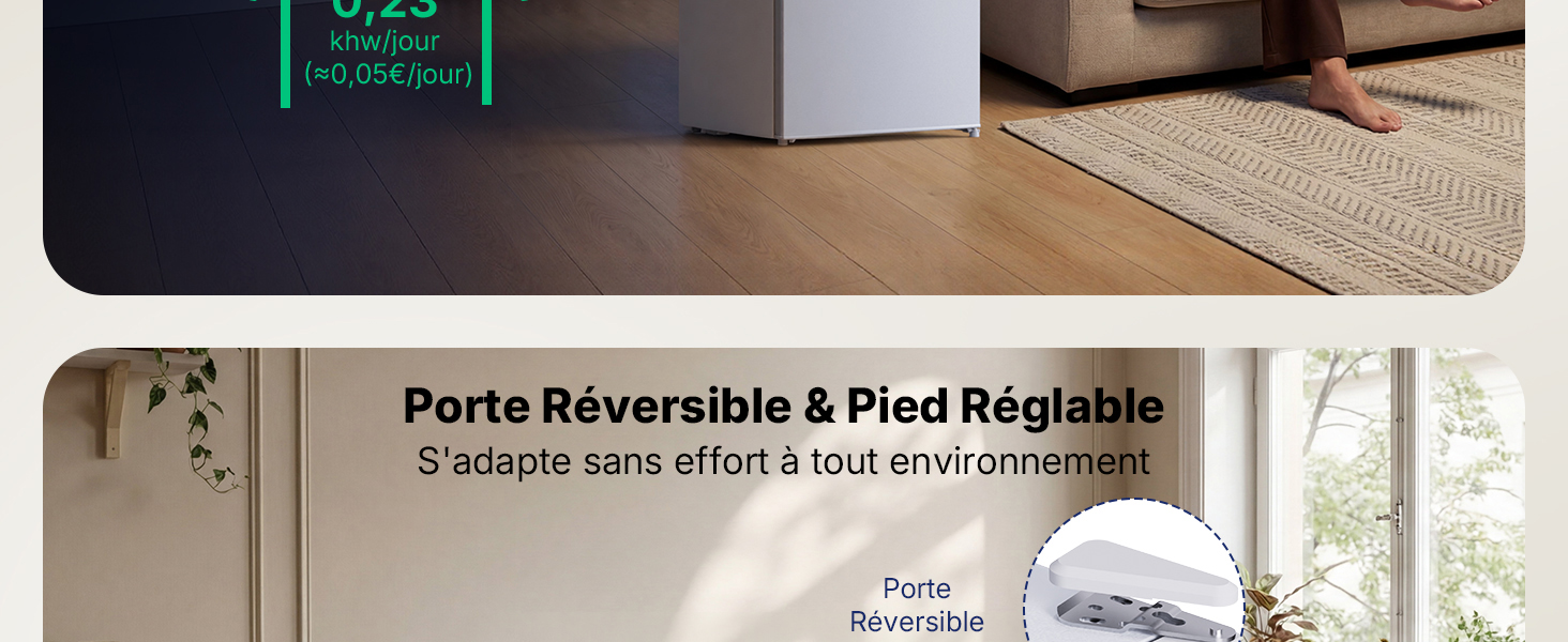 Le texte indique « Porte réversible et pied réglable ». Images de démonstration montrant le mécanisme de pied réglable et la caractéristique de porte réversible d'un appareil.
