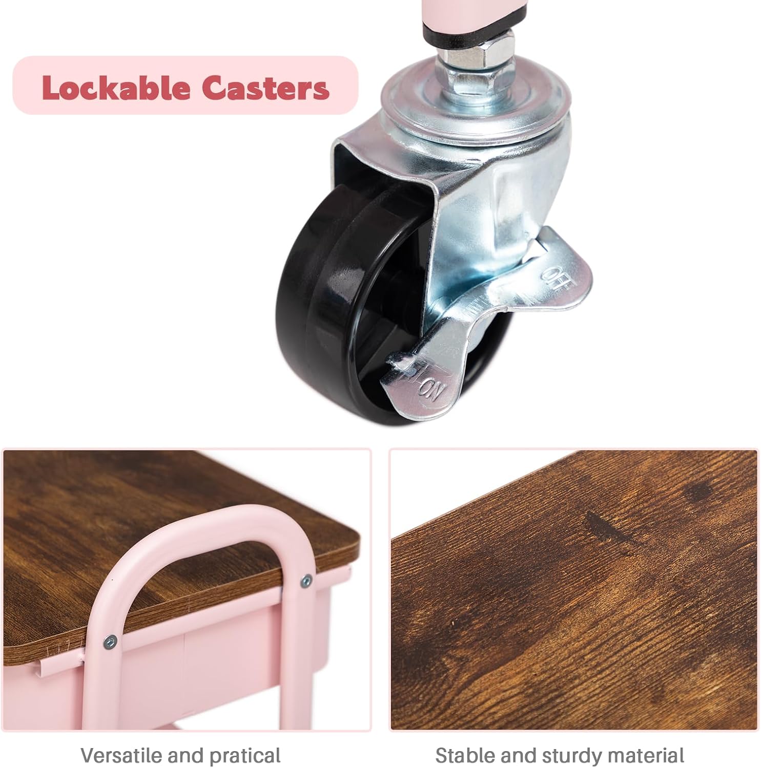 DOEWORKS - chariot 3 niveaux métal rose, tiroir, compact, cuisine, chambre