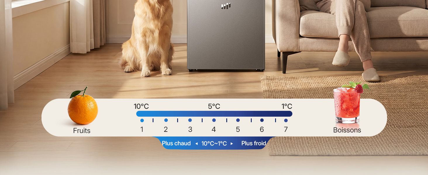 Le texte indique : « Fruits » à 10 °C, échelle de température de 1 à 7 barres numérotées, et « Boisson » à 5 °C. L'interface de contrôle de la température affiche une barre dégradée teintée de bleu avec des segments numérotés, placés entre les icônes des fruits et des boissons.