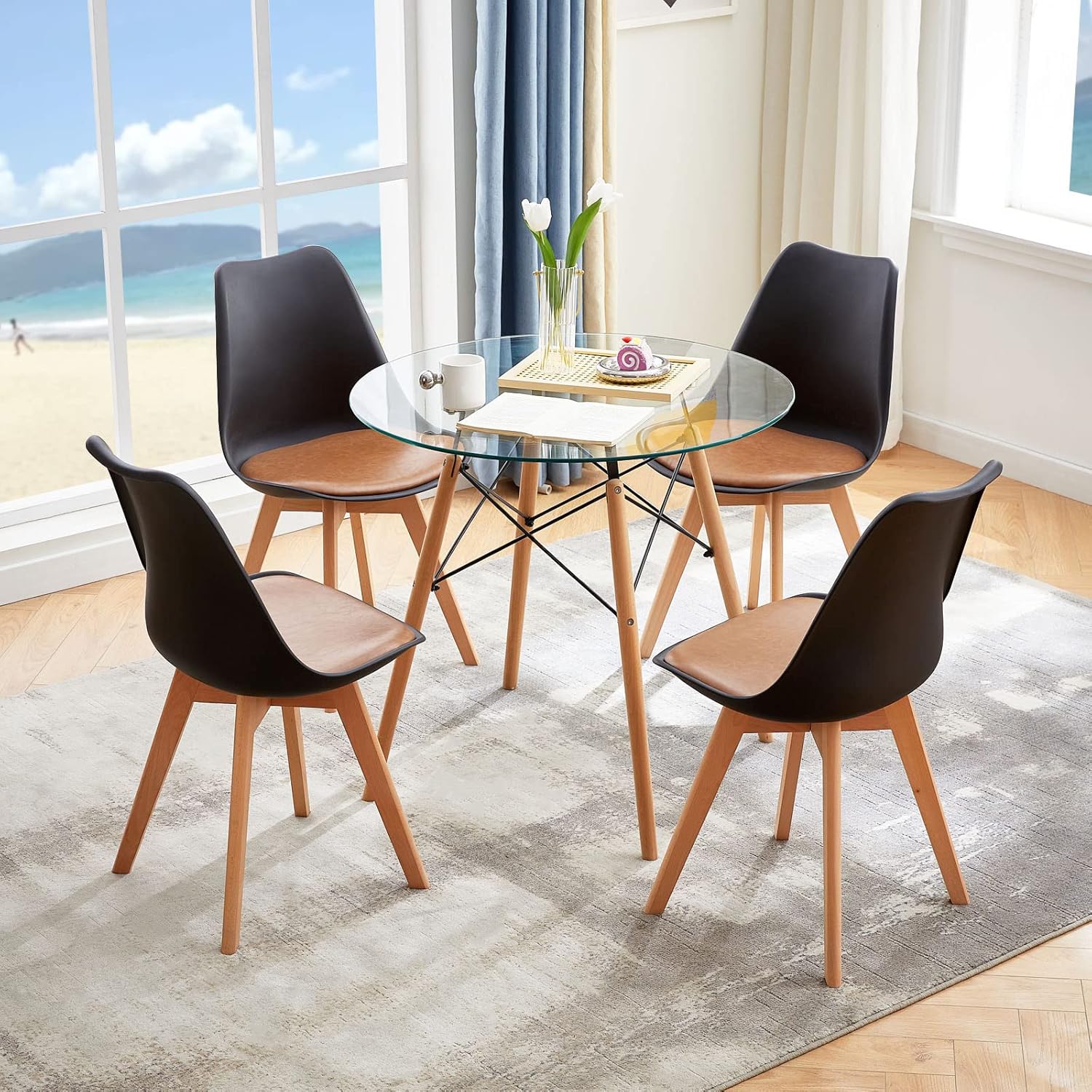 EGGREE - Chaises Scandinaves - assise rembourrée PU, pieds hêtre, lot de 4