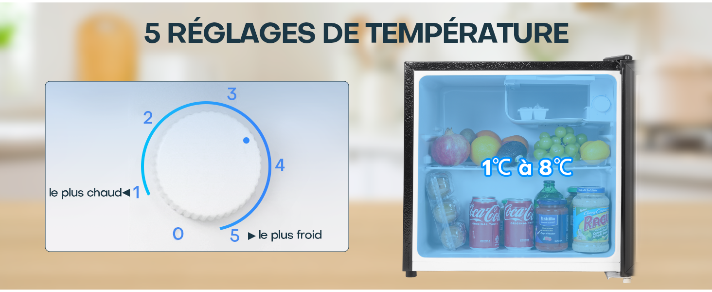 avec 5 réglages, allant du plus froid au plus chaud. L'image en encadré montre l'intérieur du réfrigérateur à une température de 1 à 8 °C, avec des boissons et des fruits et légumes visibles