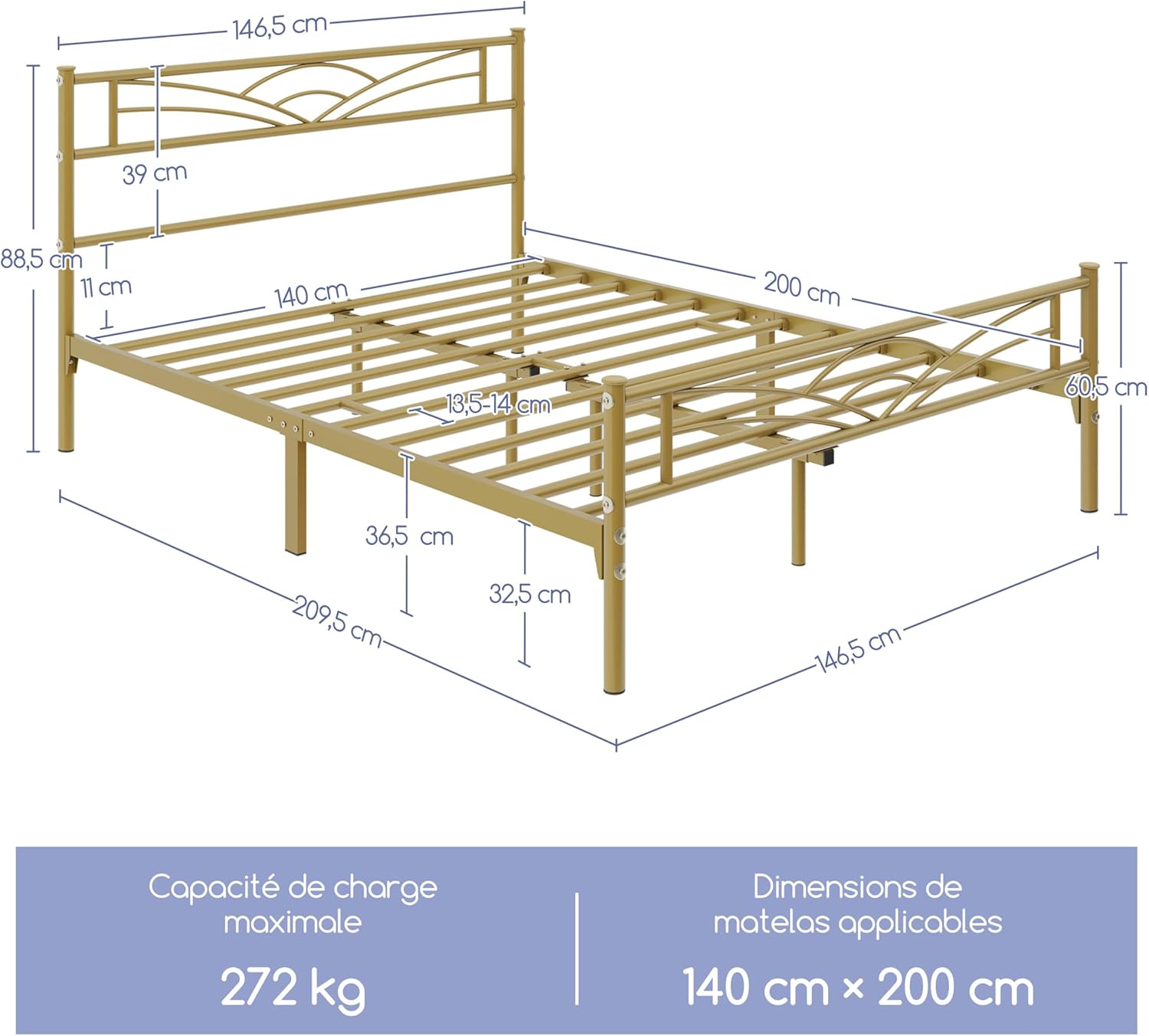 Yaheetech - lit double métal - 140x200cm - montage facile, or antique