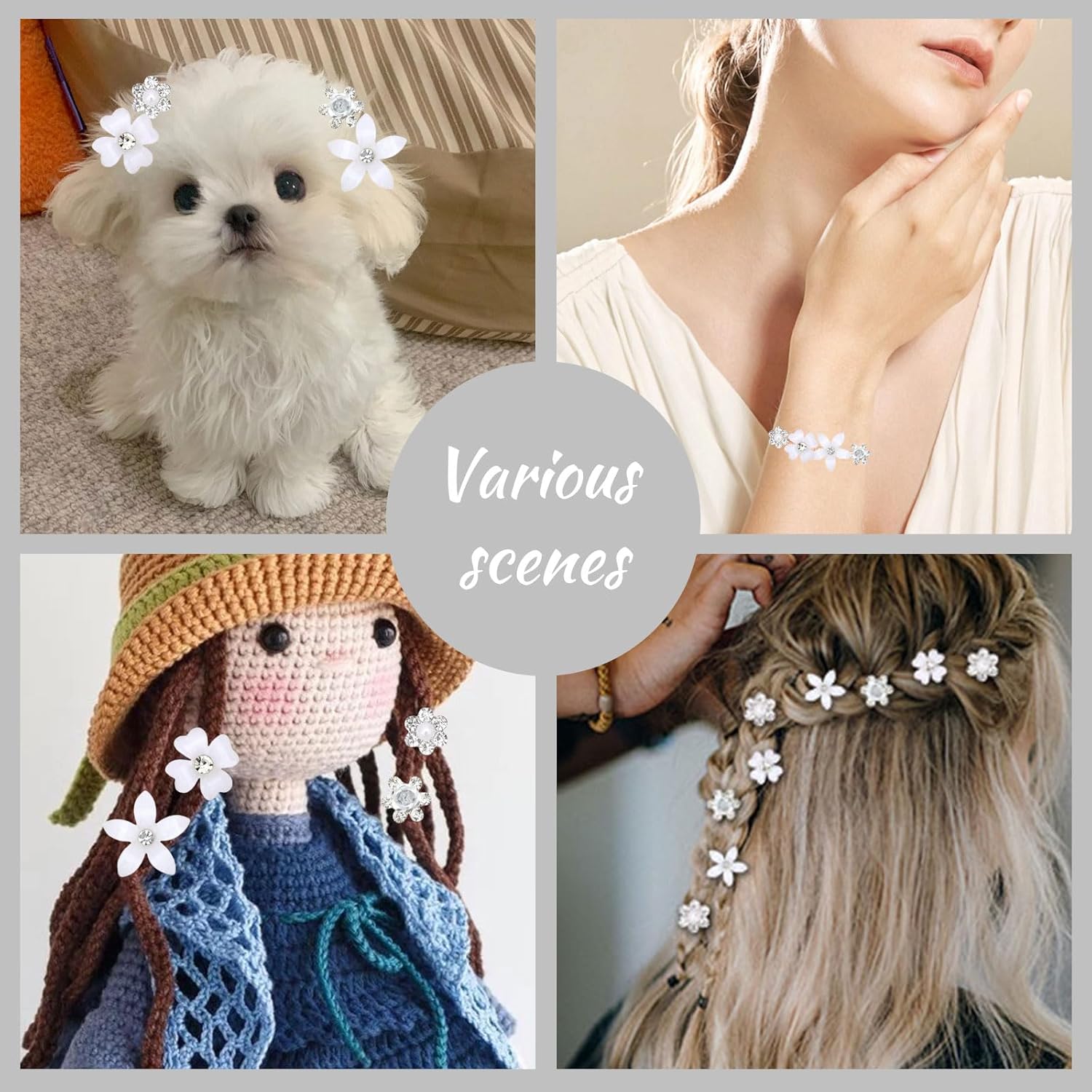 Pinces à cheveux - lot de 20 - mini fleurs strass, métal, mariage