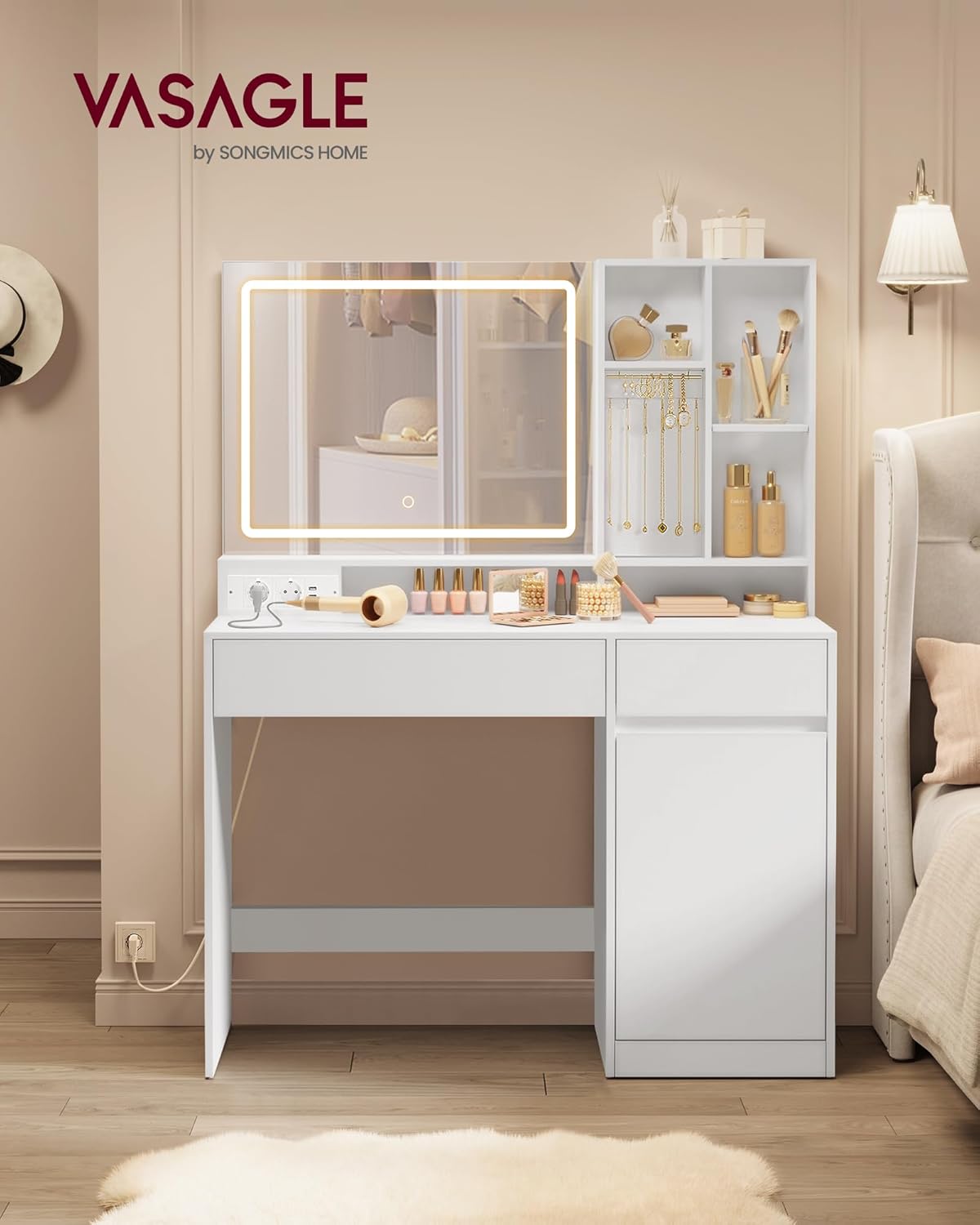 VASAGLE - KAILYN - 110 cm - Coiffeuse LED, 3 éclairages, tiroir, multiprise, RDT634WB01