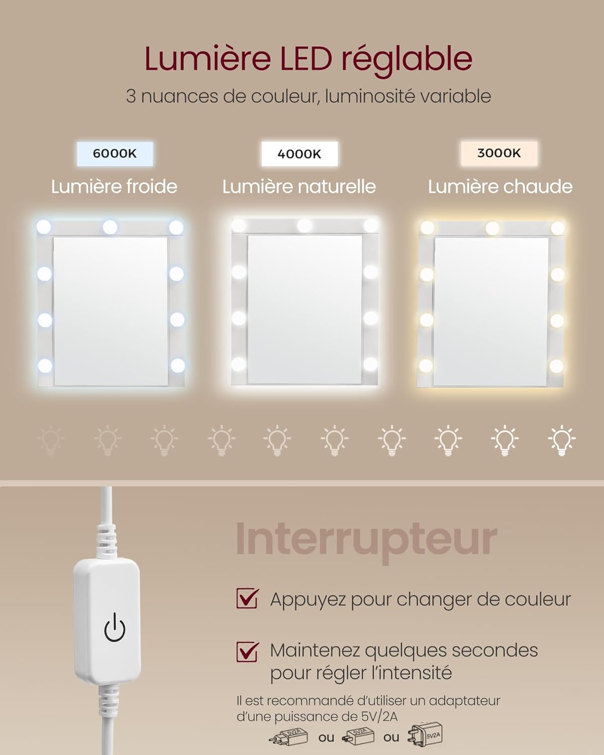 VASAGLE - Kailyn Collection - coiffeuse LED, 2 tiroirs, 3 compartiments, style moderne, blanc - RDT114WB01