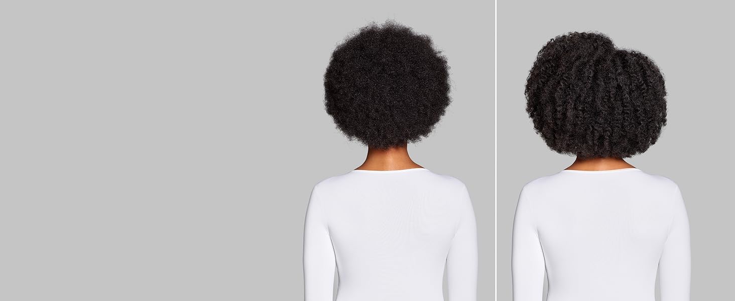Deux images côte à côte montrant une vue arrière de coiffures naturelles avec dessus blanc sur fond gris.