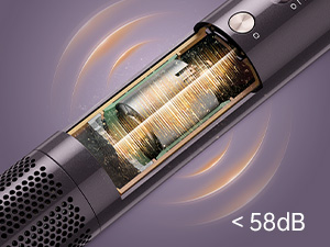 Le texte indique « < 58 dB ». Photos de produits d'un élégant appareil électronique noir aux accents métalliques, doté d'une indication visuelle du niveau sonore ou de capacités de réduction du bruit.