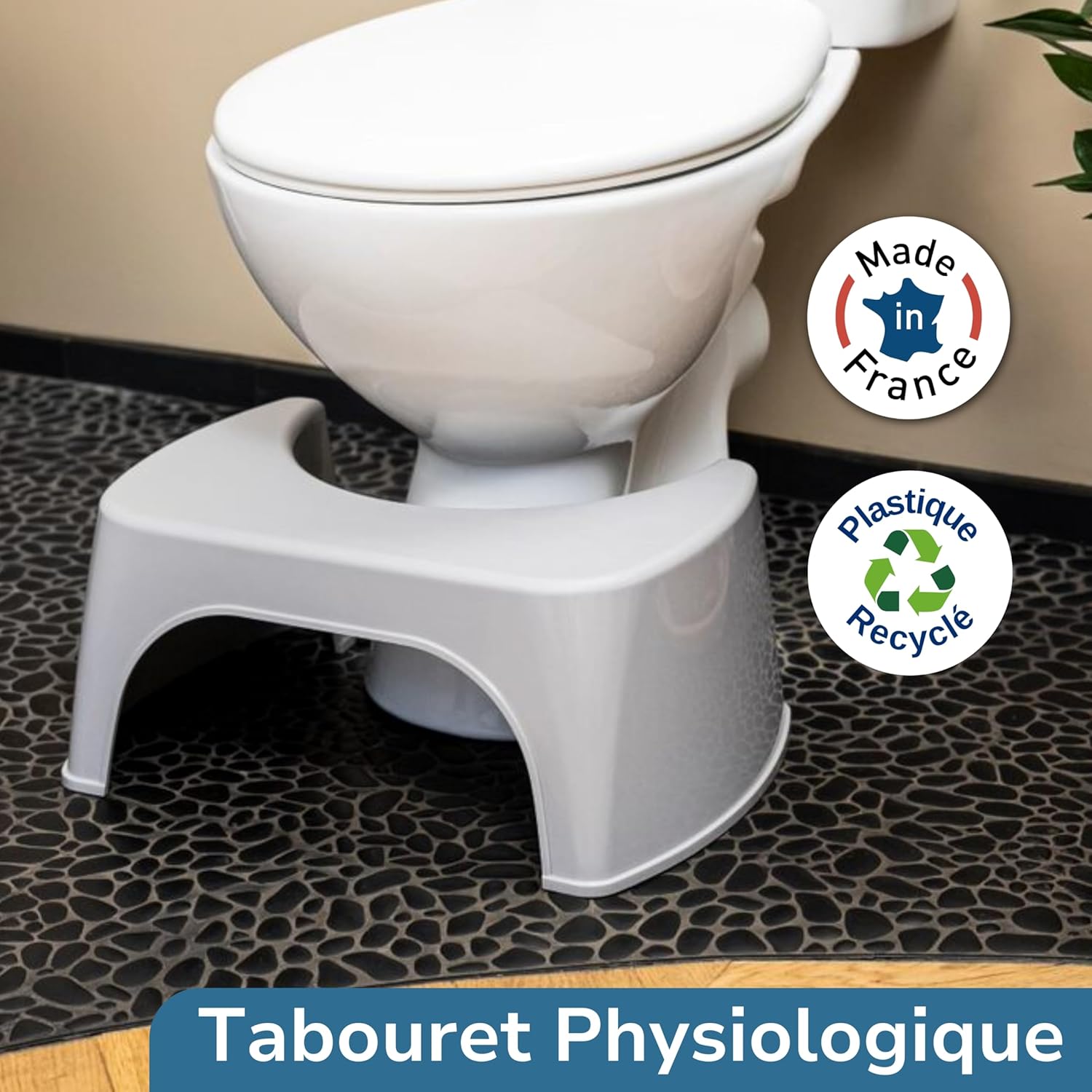 Tabouret de toilette - Gris, plastique recyclé, Fabriqué en France - Compact, position physiologique anti-constipation
