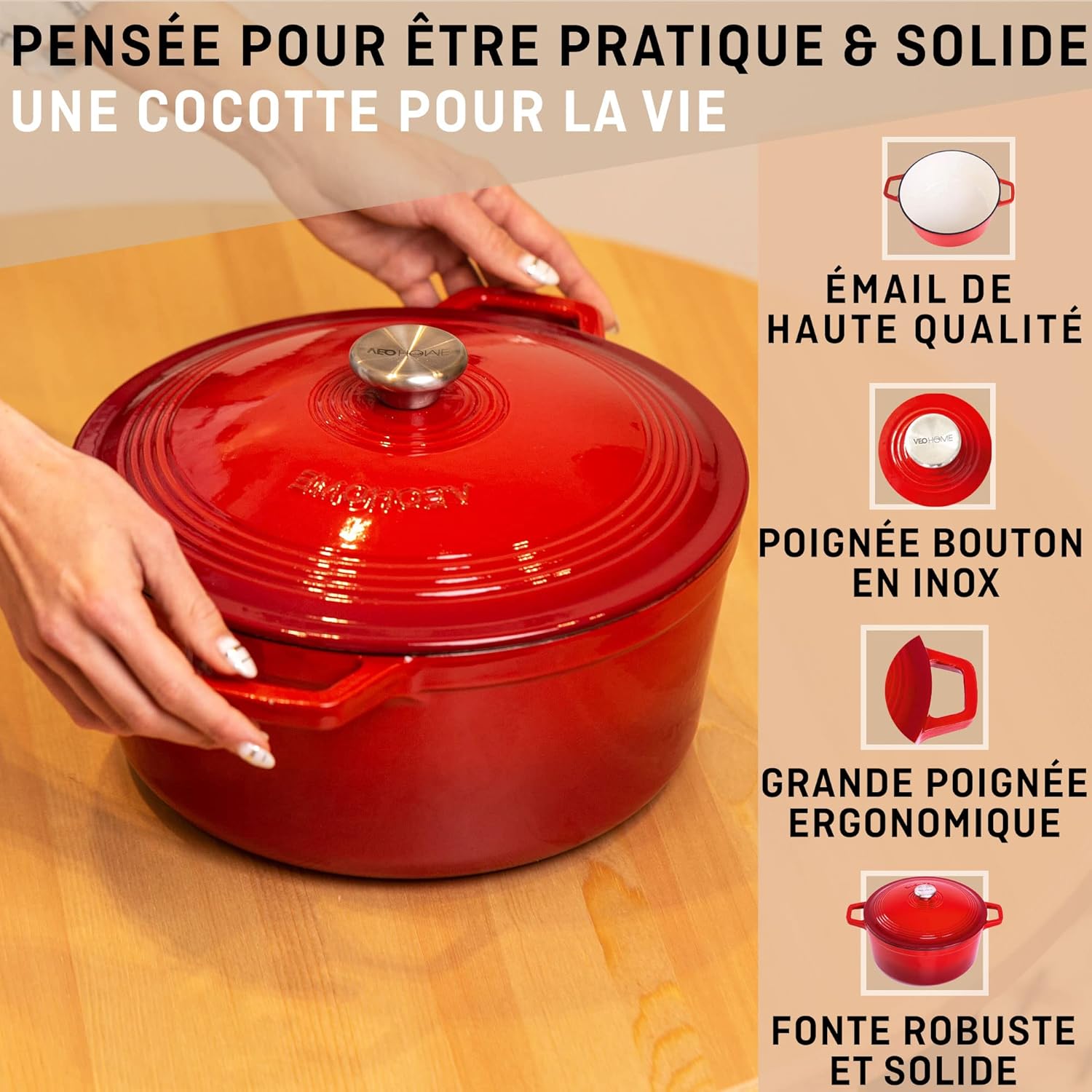 VeoHome - cocotte fonte émaillée 6L Ø28cm - induction, four, cuisson homogène