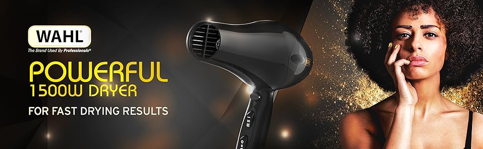 Le texte indique « WAHL » et « POWERFUL ». Publicité pour sèche-cheveux montrant le produit sur fond sombre.