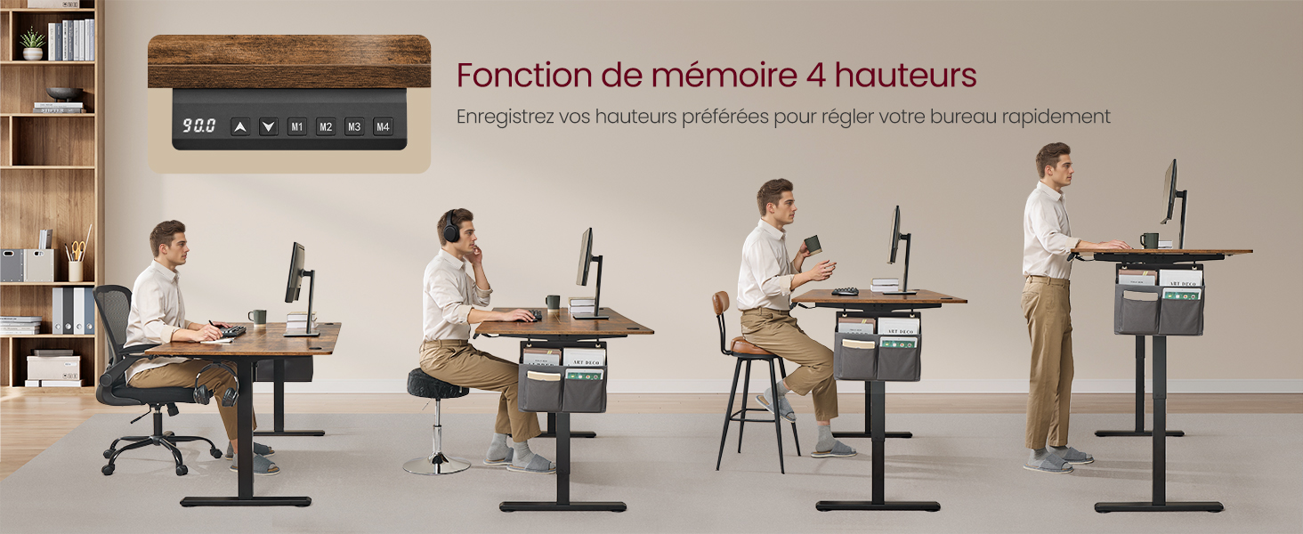 Démonstration d'un bureau debout réglable en hauteur montrant quatre positions différentes, avec des configurations de poste de travail ergonomiques dans un