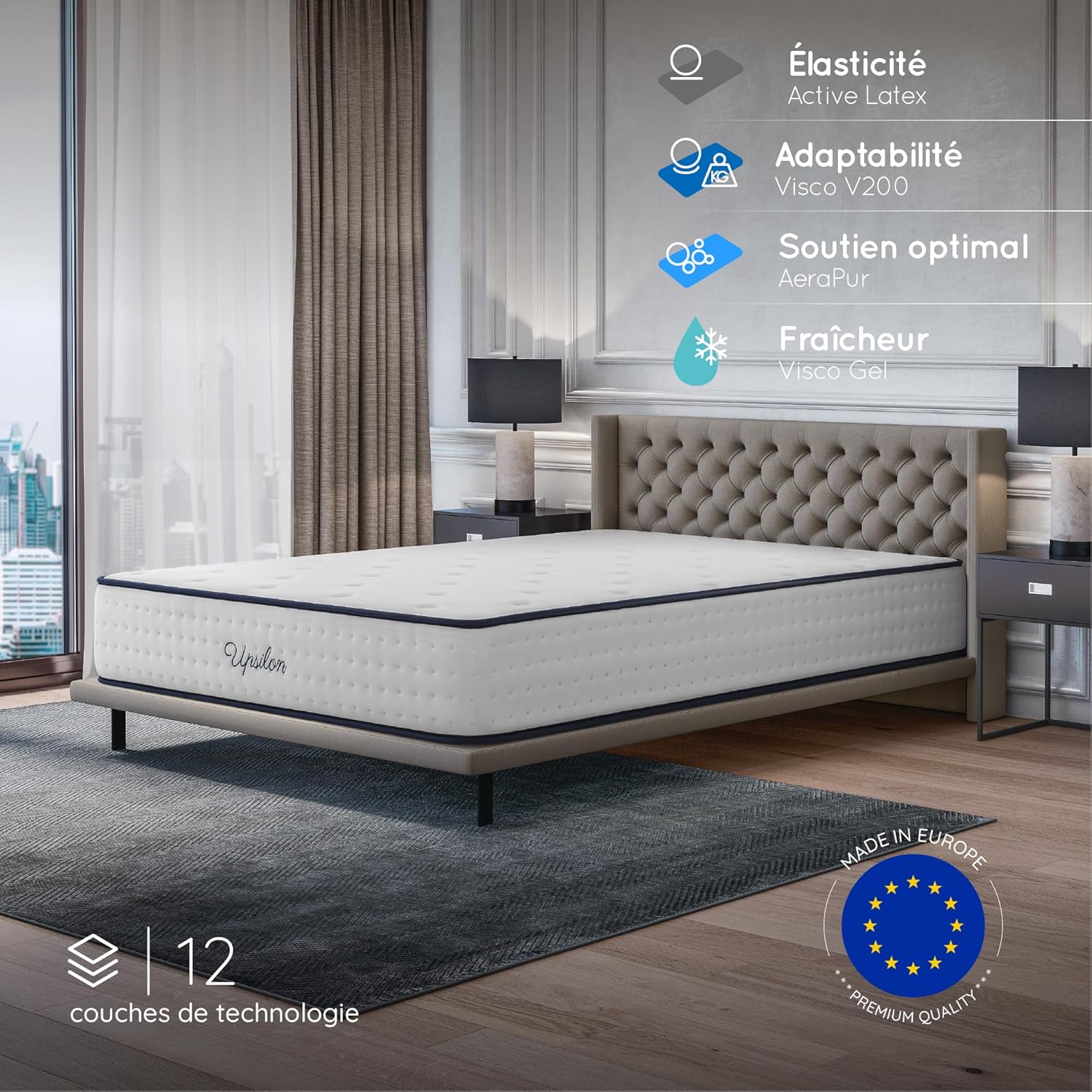 COSMOS - Upsilon - 180x200 cm - mémoire de forme, latex, 32 cm, 7 zones