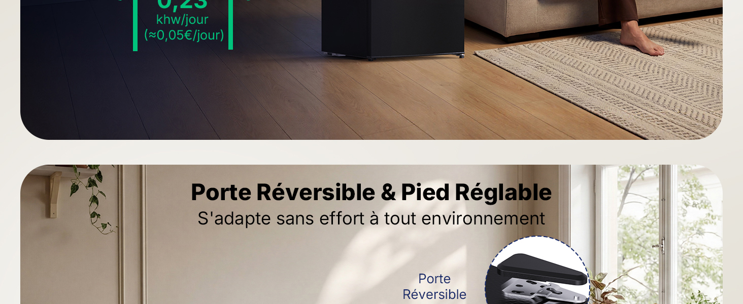 Le texte indique « Porte réversible & Pied Réglable ». Vue partielle de ce qui semble être des instructions d'installation ou de montage du produit.
