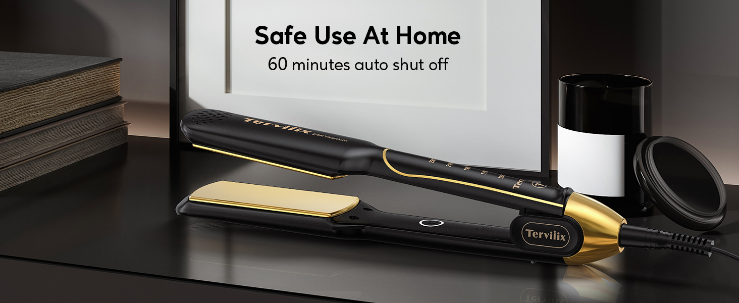 Fer à lisser noir et doré sur surface foncée. Le texte indique « Utilisation en toute sécurité à la maison » et « Arrêt automatique pendant 60 minutes