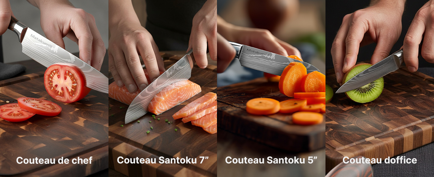 Quatre images montrant différents types de couteaux étiquetés : « Couteau de chef », « Couteau filet/flex », « Couteau Santoku », « Couteau utilitaire ». Montré en train de couper divers ingrédients.