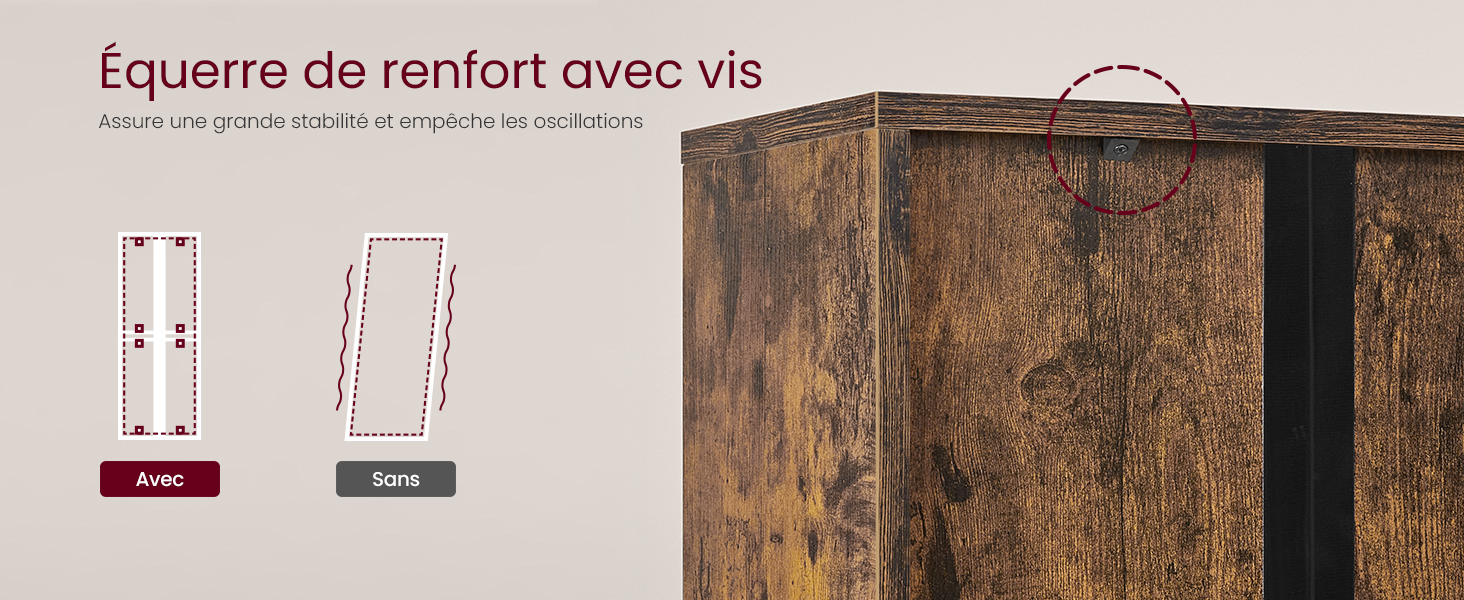 Schéma technique et photo de supports de renforcement de meubles en bois avec vis, montrant le schéma d'installation et l'application dans le monde réel