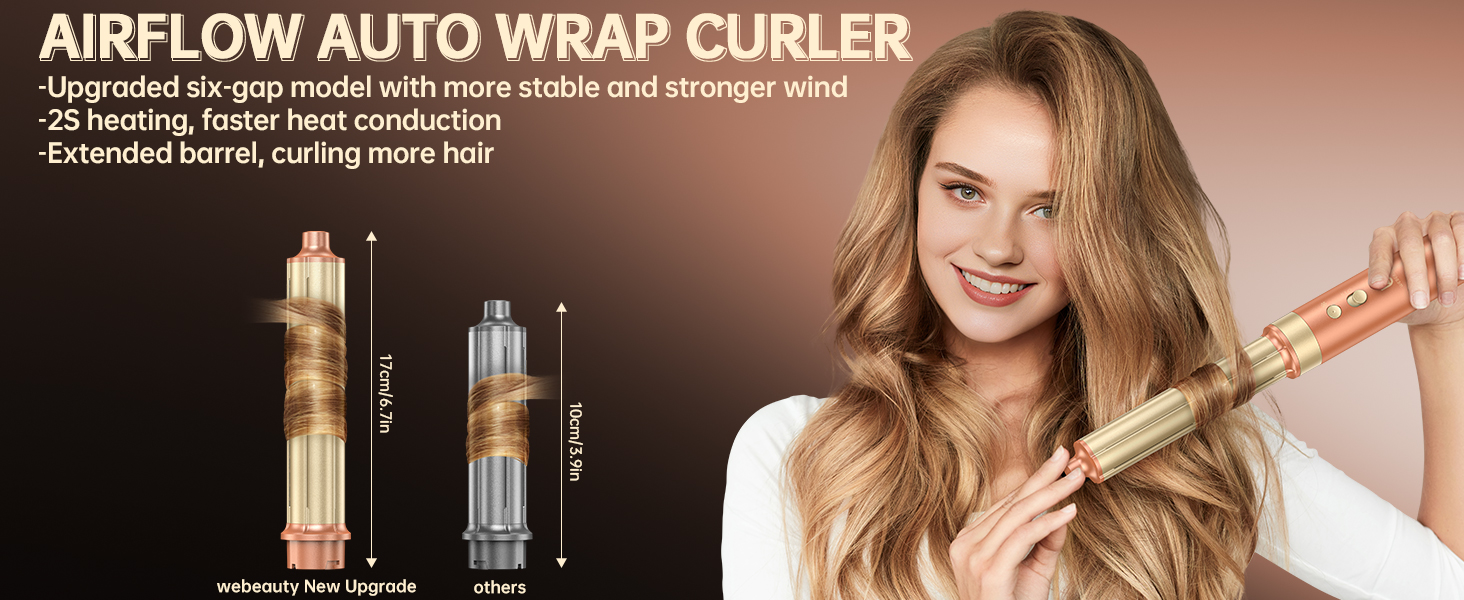 Le texte indique « AIRFLOW AUTO WRAP CURLER ». Publicité de produit présentant un appareil de coiffage avec écran éclairé et démonstration des résultats de coiffure.