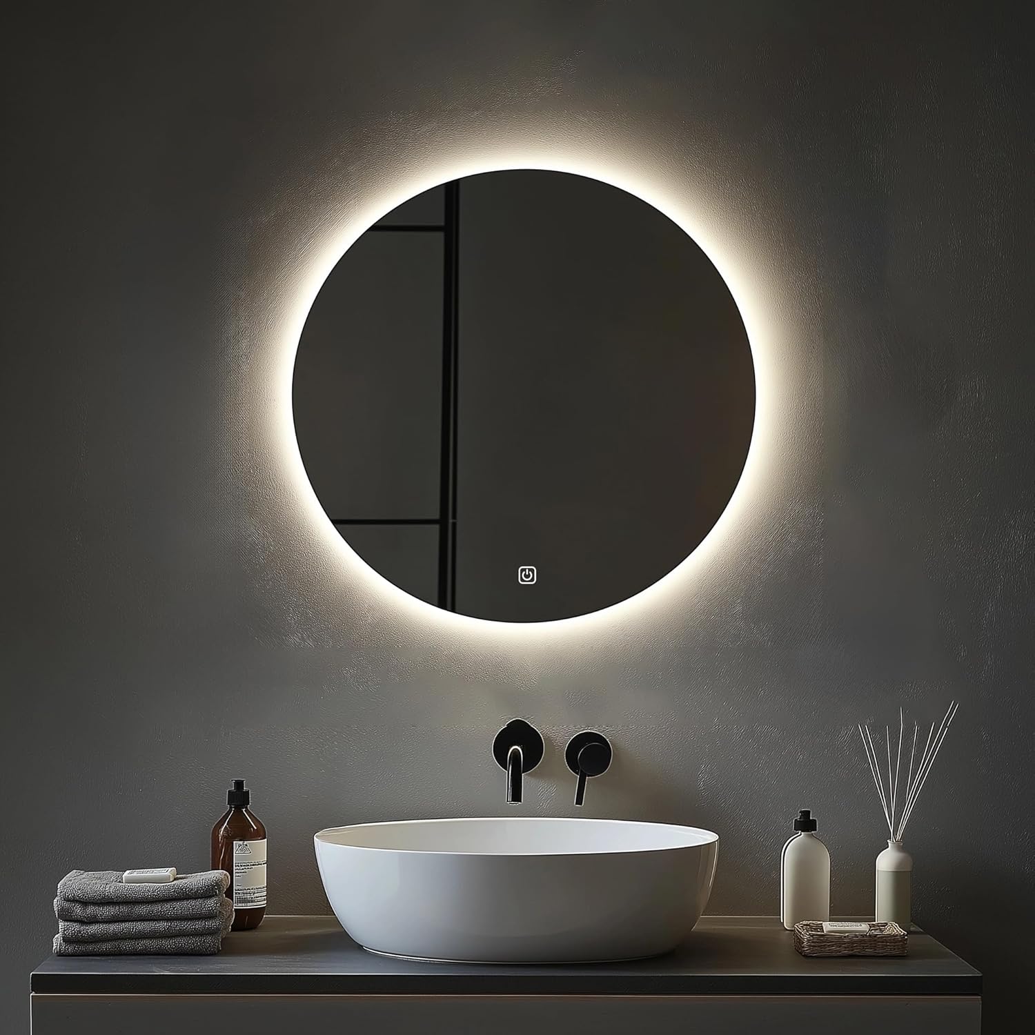 Miroir Salle de Bain - LED Rond 60cm - 3 couleurs, tactile, dimmable
