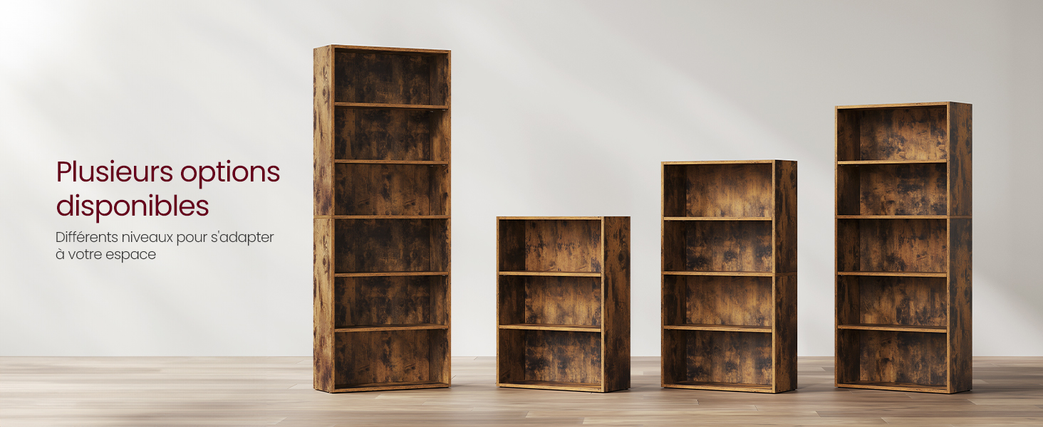 Quatre étagères en bois de différentes hauteurs disposées côte à côte, avec une finition brune rustique et de multiples compartiments ouverts