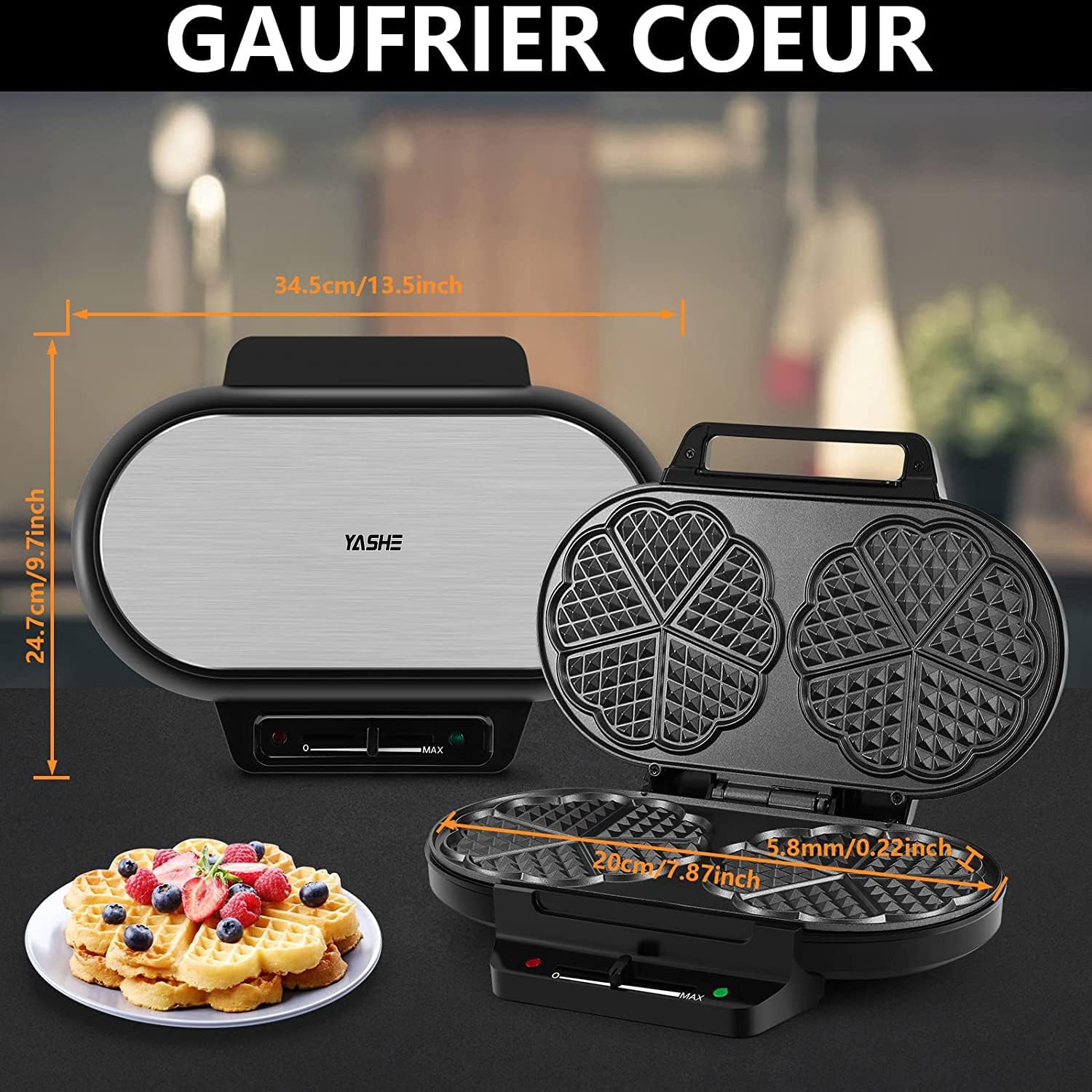 YASHE - machine à gaufres cœur - 1200W - 5 réglages, antiadhésif, anti-débordement