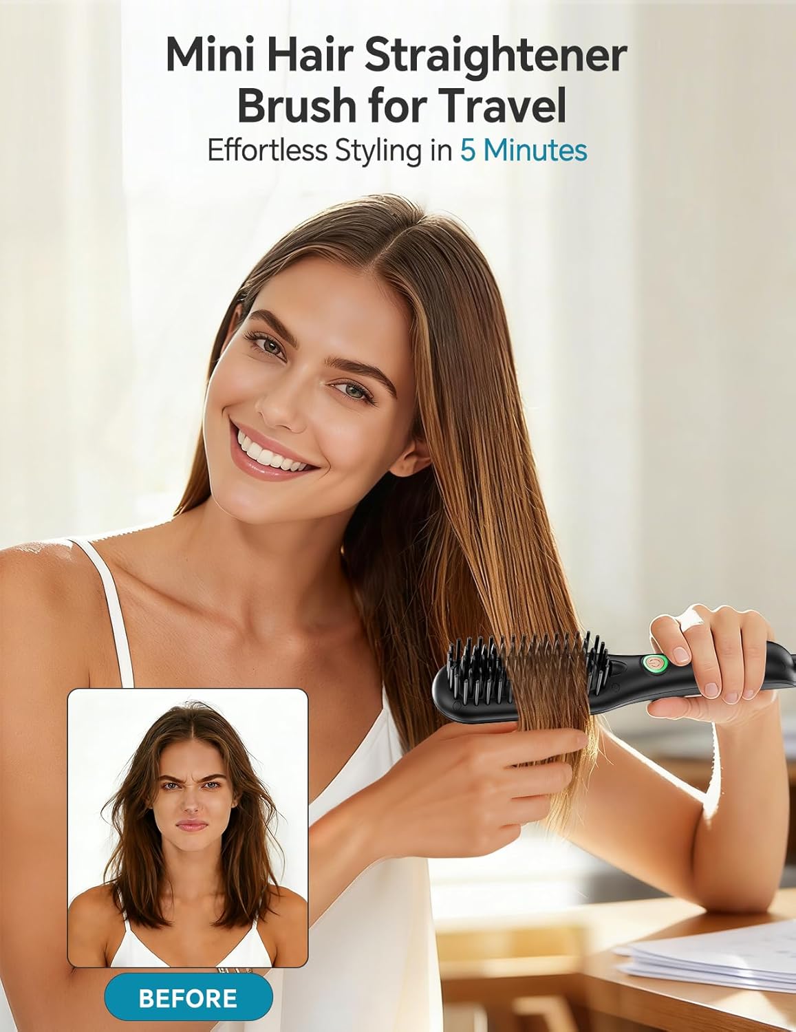 LANDOT - Mini Brosse Lissante - Compacte - Céramique ionique, cheveux courts à mi-longs, portable