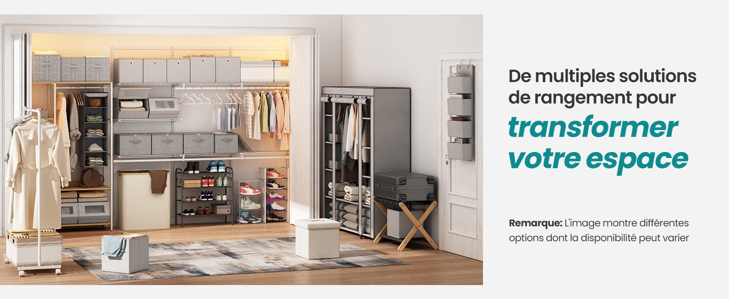 Système de placard organisé avec tringles de suspension, étagères et tiroirs. Comprend des composants blancs et teintés de bois, des solutions de rangement pour vêtements et des étagères à chaussures dans une pièce lumineuse