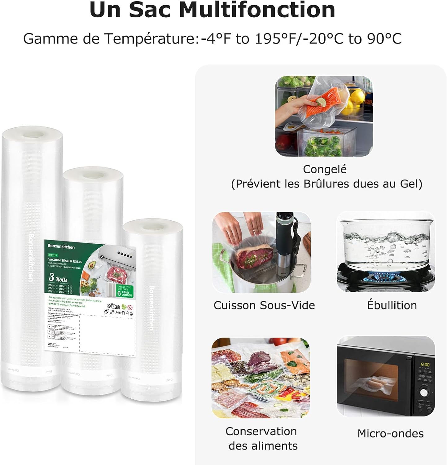 Bonsenkitchen - sacs sous vide rouleaux 20/25/28x300cm, sans BPA, VB3217