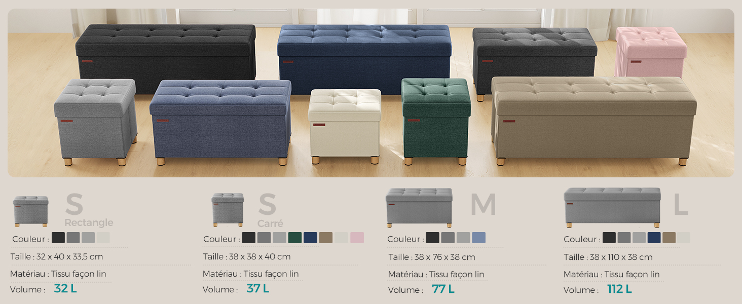 Collection de poufs de rangement de différentes couleurs, dont le noir, le bleu, le gris, le vert et le rose, illustrés avec des échantillons de couleurs et les spécifications du produit ci-dessous