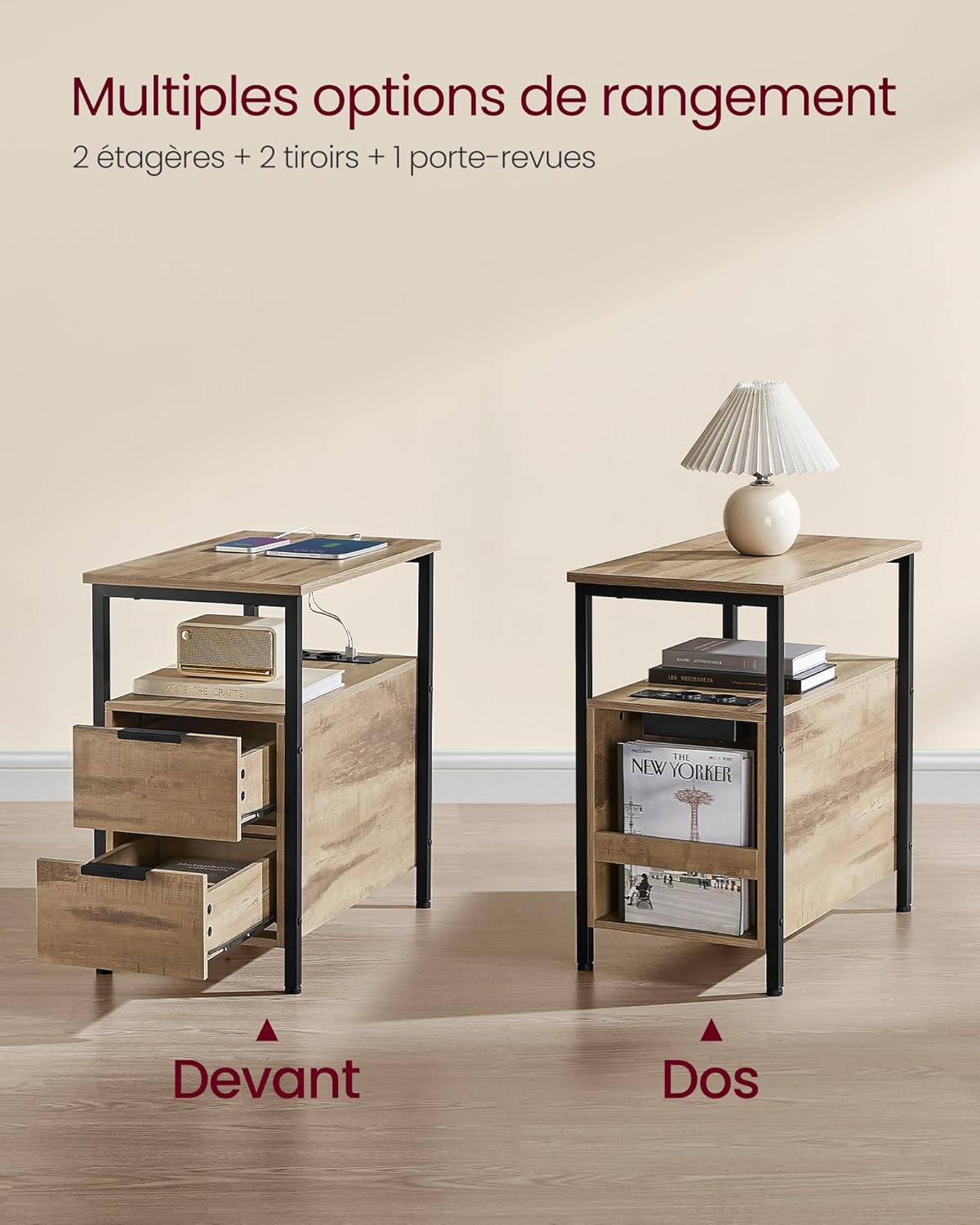 VASAGLE - table d’appoint, 2 tiroirs, multiprise, rangement, 35x30x60 cm, LET325K01