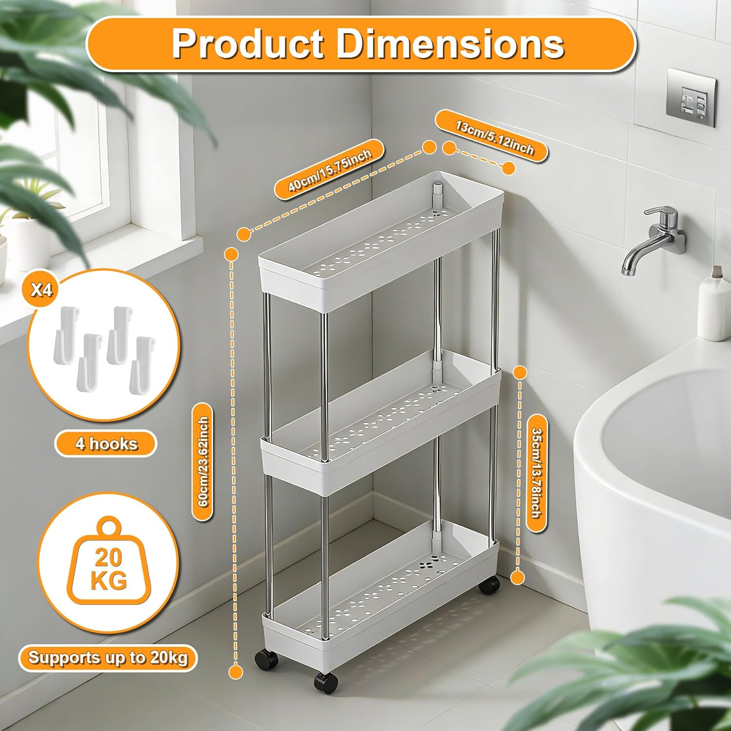 Chariot de rangement 3 niveaux - étagère mobile blanche - cuisine et salle de bain - roulettes robustes - 40x22x86cm