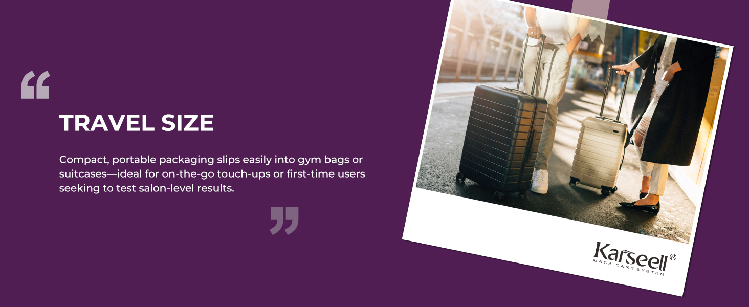 Présentoir de produits sur le thème des voyages avec le texte « TRAVEL SIZE » sur fond violet, avec des photographies de produits de style de vie.