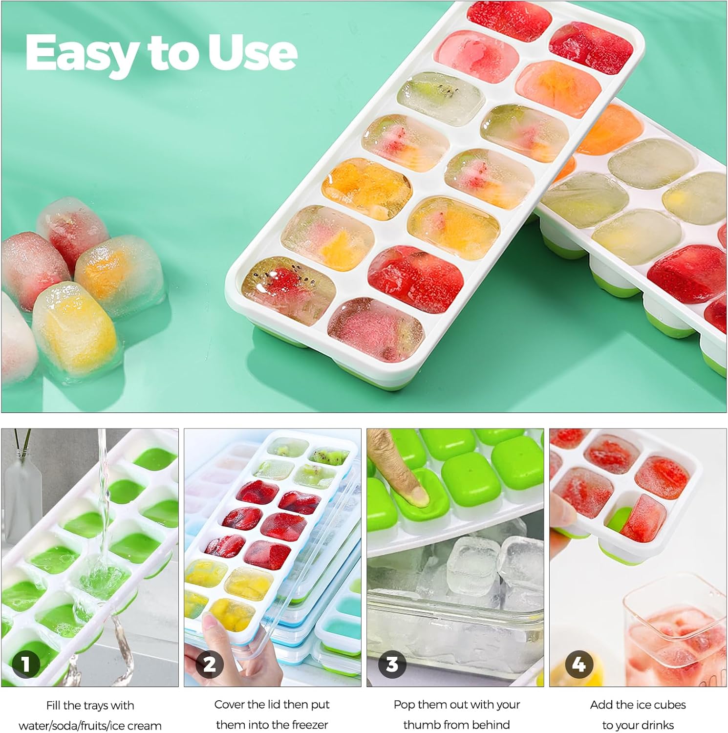 Bacs à glaçons silicone - 2 pièces - 24 alvéoles - couvercles, sans BPA, facile démoulage